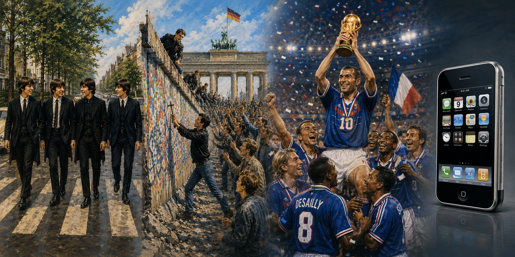Fresque peinte réunissant les Beatles, la chute du mur de Berlin, la victoire française en Coupe du monde 98 et le premier iPhone